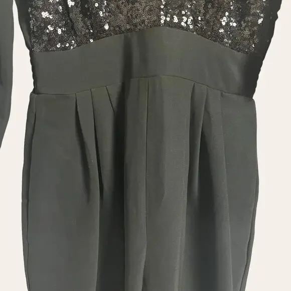 LINI Black Stella Sequin Faux Wrap Surplice Long Sleeve Party Jumpsuit Size XS